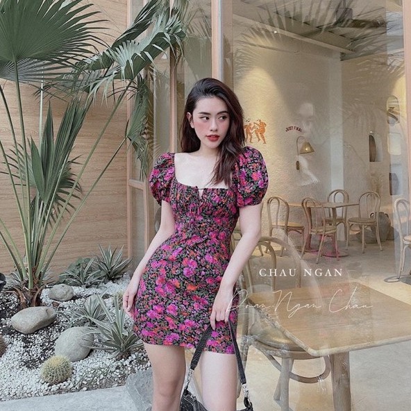 Đầm trễ vai hoa nhí hồng tím dáng ngắn tiểu thư siêu xinh, Váy dự tiệc cổ vuông tay bồng hàng đẹp giá rẻ | BigBuy360 - bigbuy360.vn