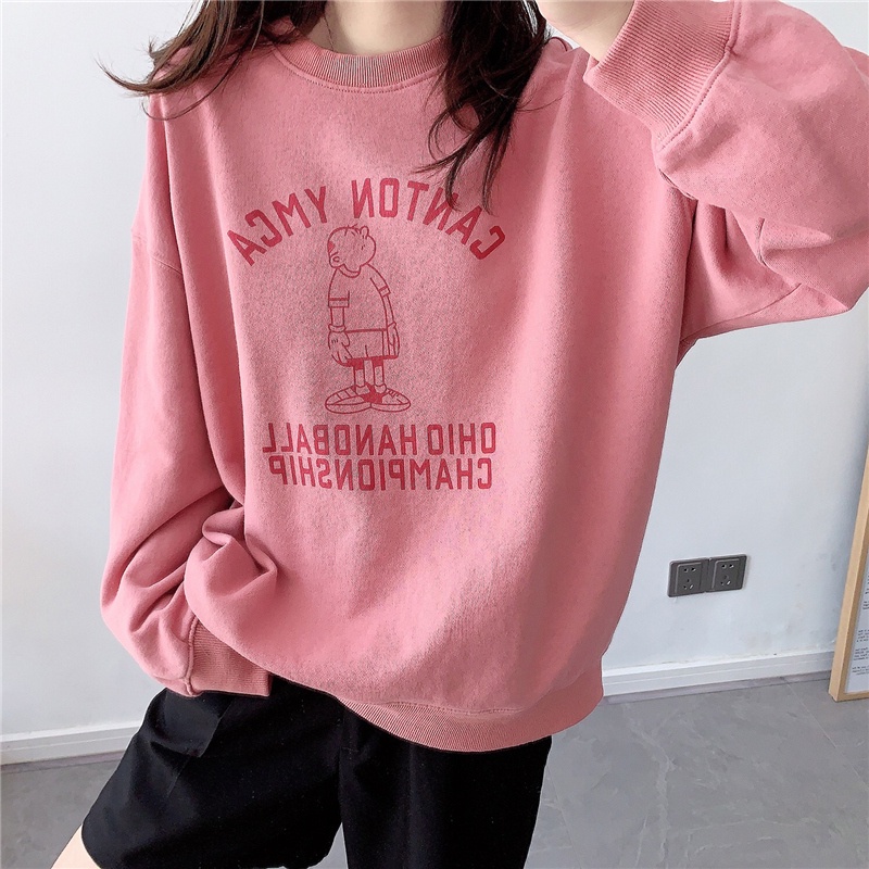Porozi  Áo thun nữ dài tay cổ tròn dáng rộng phong cách Hàn Quốc