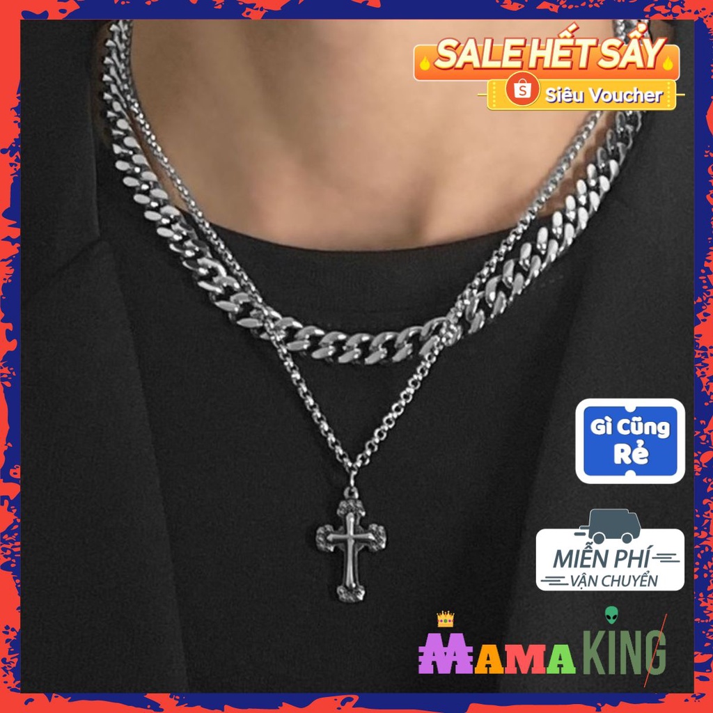 DÂY CHUYỀN THÉP KHÔNG GỈ HIPHOP KÈM THÁNH GIÁ 2 TRONG 1 MAMA KING