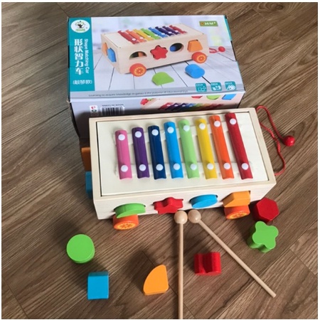 Xe kéo thả hình khối kết hợp đàn xylophone 8 thanh bằng gỗ - đồ chơi gỗ xe kéo giúp phất triển tư duy cho bé