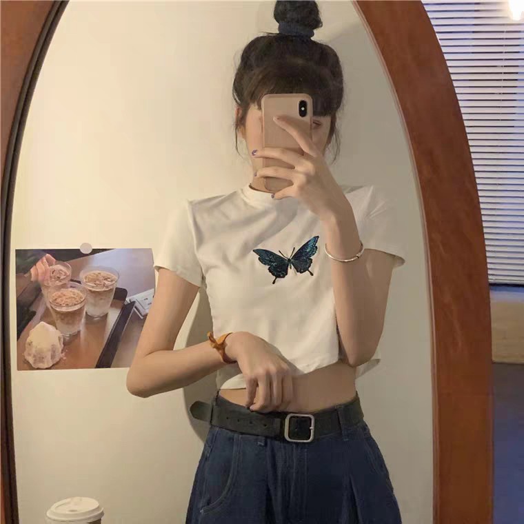ÁO CROPTOP THUN NGẮN TAY CỔ TRÒN THÊU HÌNH CON BƯỚM ULZZANG ĐEN TRẮNG