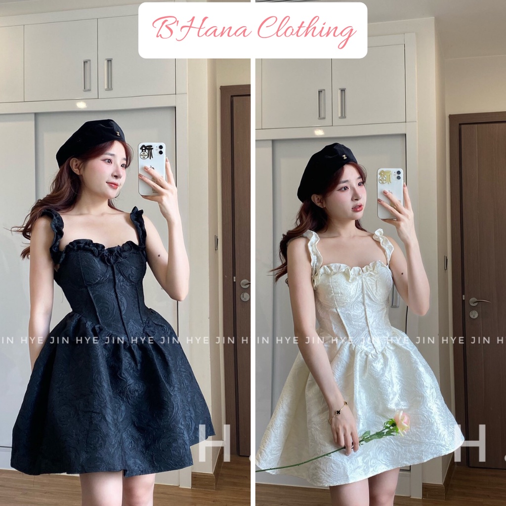 Váy xòe hai dây họa tiết gấm hoa nổi, váy đầm nữ kiểu dáng mới sang chảnh diện đi chơi đi làm
