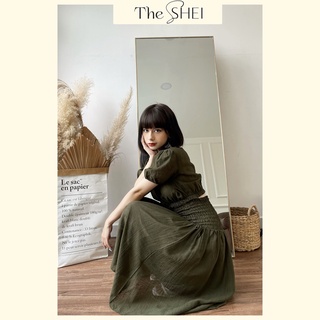 Set Áo Croptop Tay Phồng Kèm Chân Váy Tiểu Thư The SHEI - Xanh rêu  - TSD092208