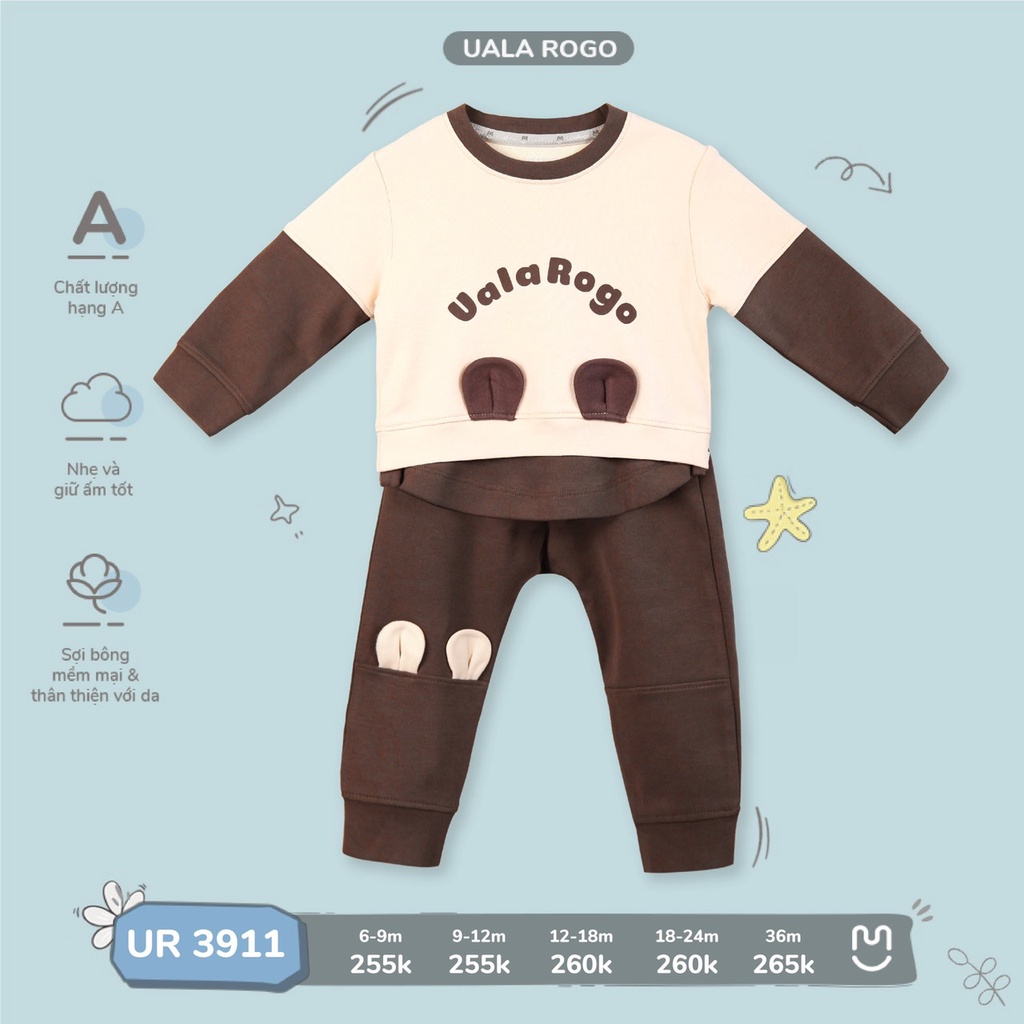 Bộ Uala Rogo cotton nhẹ dài tay gấu teddy túi cao cấp mềm mịn cho bé trai bé gái 3911