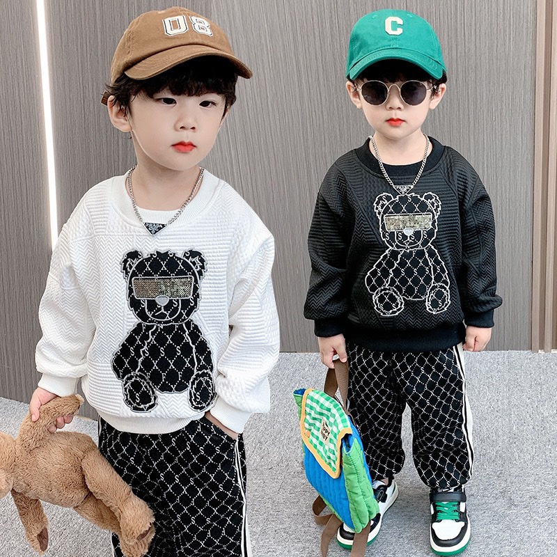 Bộ thu đông bé trai, bộ áo xốp hàn quần umi gấu đeo kính cực chất cho bé