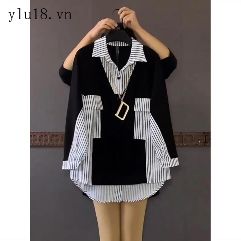 Hàng Có Sẵn Áo Sơ Mi Dáng Rộng Vừa Vặn Kẻ Sọc Màu Tương Phản Phong Cách Phương Tây Cỡ Lớn Cho Nữ