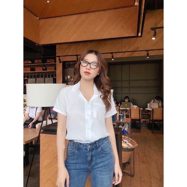 Áo sơ mi cộc tay, sơ mi trắng nữ gu tay gập gấu