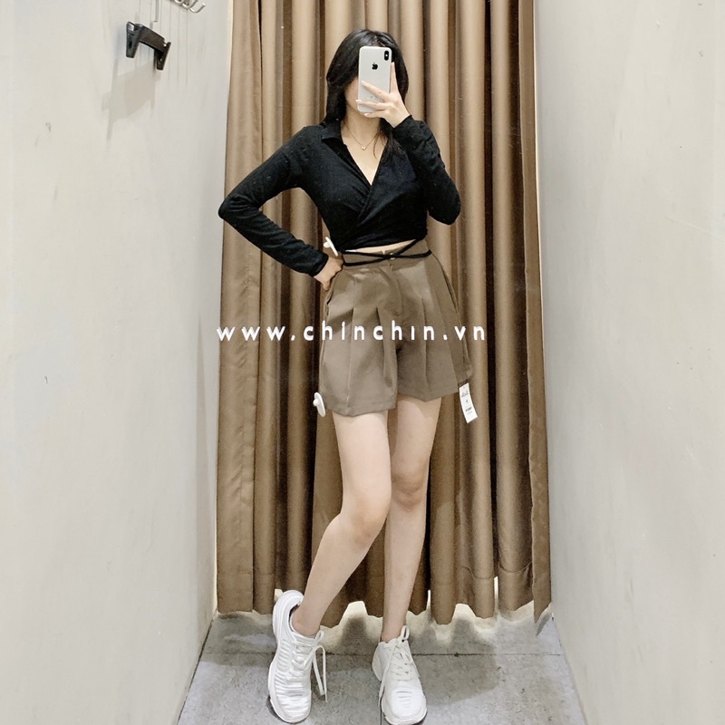 Áo croptop tay dài vạt chéo thắt eo