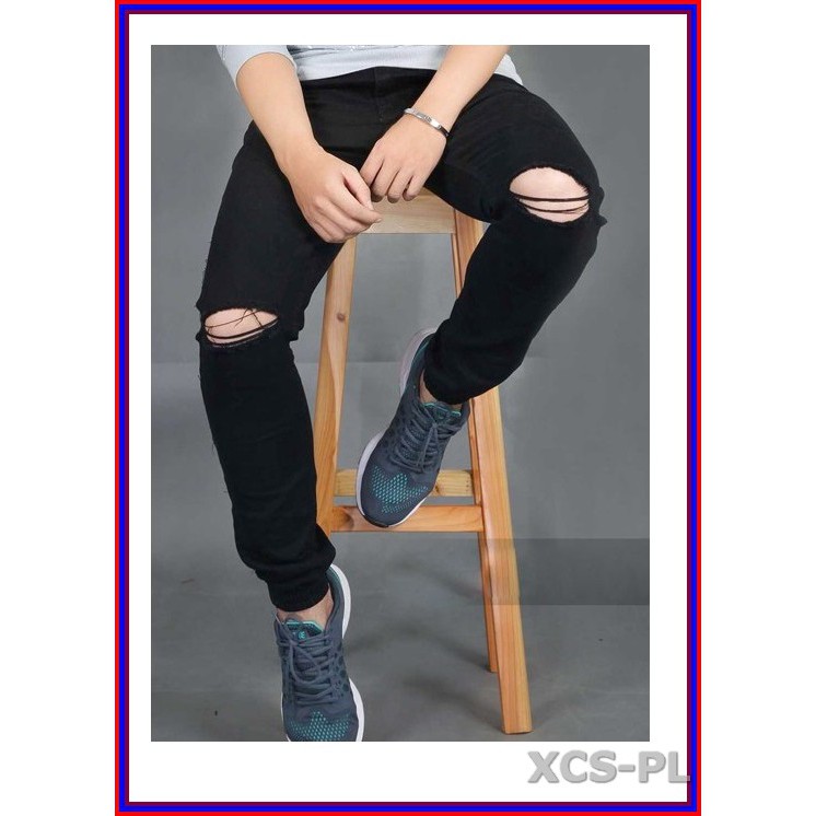 Quần jean nam cao cấp ĐEN RÁCH GỐI siêu đẹp không xù lông, không ra màu, chất giãn tốt rrgoi3-1.136