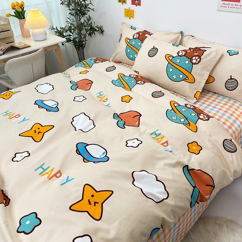 Bộ chăn ga gối , drap giường chất cotton poly họa tiết đồ vật hapy