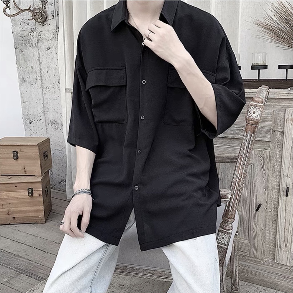 Áo sơ mi tay ngắn form rộng, chất lụa Hàn cao cấp,Áo sơ mi nam basic dáng rộng mặc đi học đi chơi đi du lịch cực đẹp