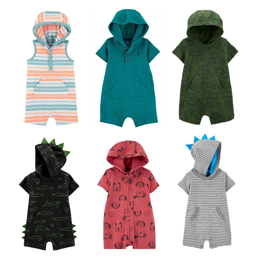 Body đùi có nón Carter xuất xịn. Romper bé trai mũ khủng long, chất thun cotton, da cá