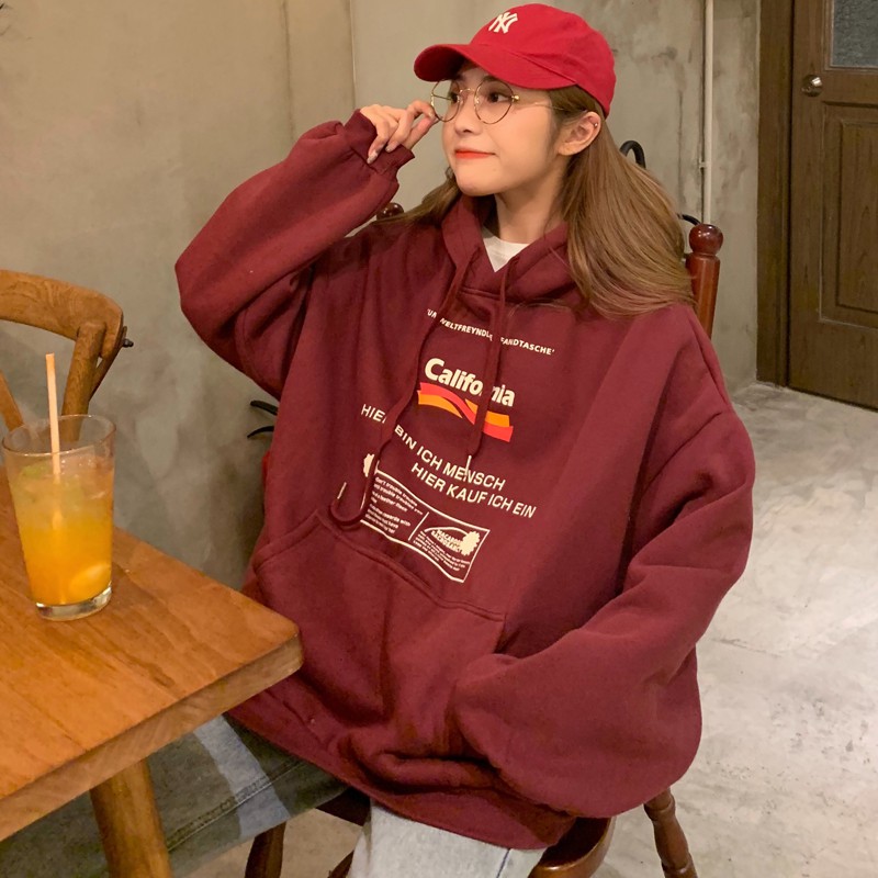 Áo hoodie nữ form rộng dày California màu đỏ nỉ bông đẹp hàng quảng châu thời trang