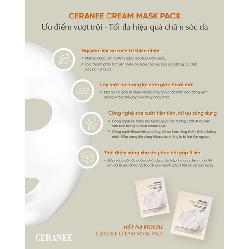 Mặt Nạ Ceranee Chính Hãng Mask Biocell Dừa Tươi Dạng Kem Dưỡng Trắng Phục Hồi Da Căng Bóng, Mặt Nạ Hàn Quốc Ceranee