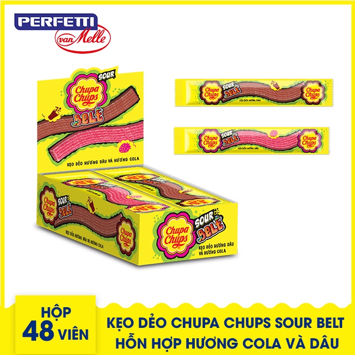 Kẹo dẻo Chupa Chups Sour Belt Hỗn Hợp Hương Cola và Dâu (Hộp 48 Dây)