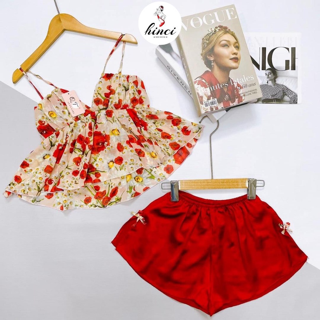 Đồ ngủ sexy đồ bộ 2 dây họa tiết hoa nhí, có mút ngực thích hợp mặc ngủ [DN4L]