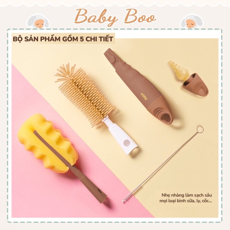 Bộ cọ bình sữa Silicone Tobé 5 chi tiết kháng khuẩn [ babyboo]