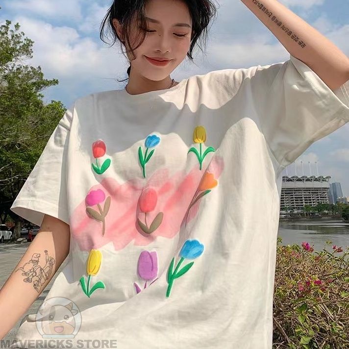 Mới Áo Thun Tay Ngắn Hoạ Tiết Hoa tulip Thiết Kế Dáng Rộng Thoải Mái