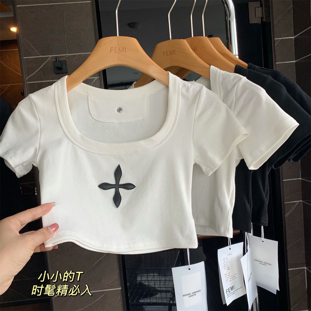 Áo Thun Croptop Ngắn Tay Hai Màu Trắng Đen Thời Trang Cho Nữ