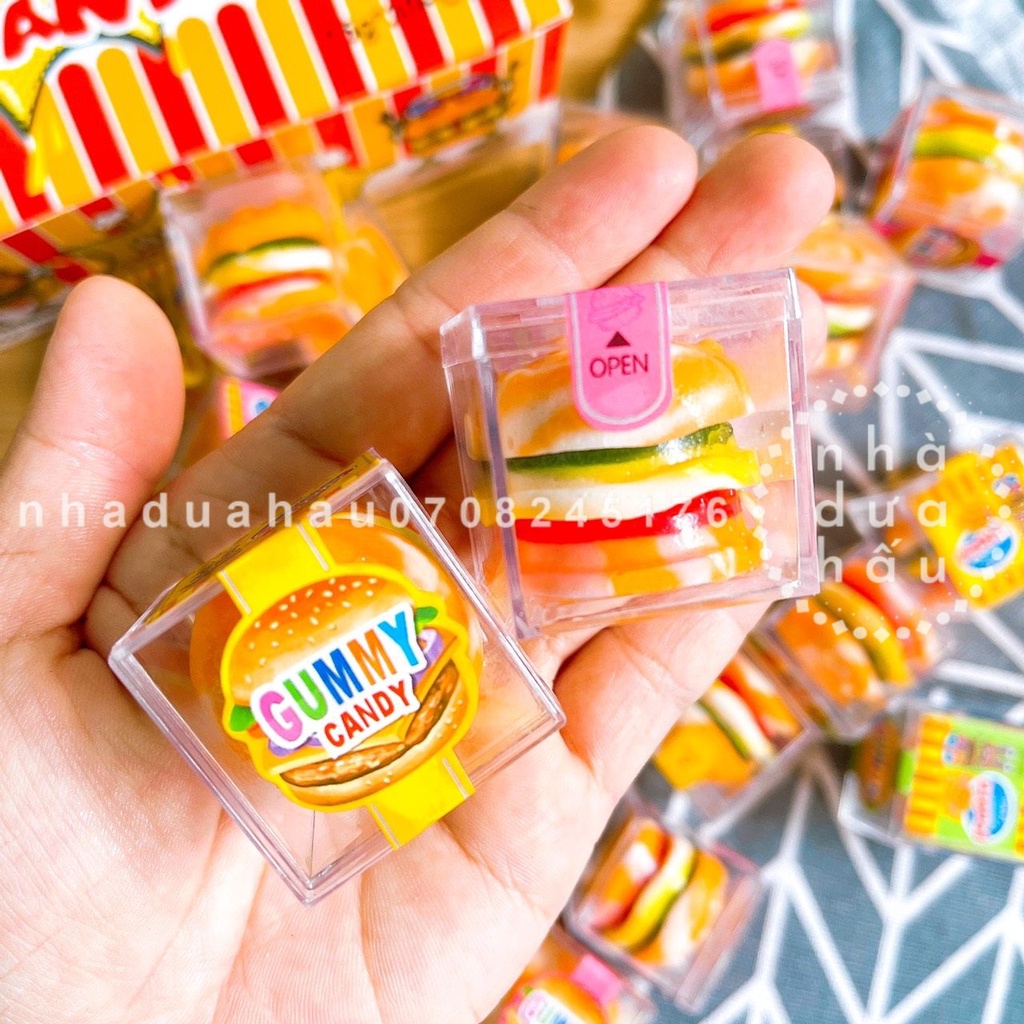 Combo 3 cái kẹo dẻo hình hamburger hộp nhựa vuông cứng sang xịn mịn đẹp cực kì hàng Hongkong chuẩn xịn cái to 15gam