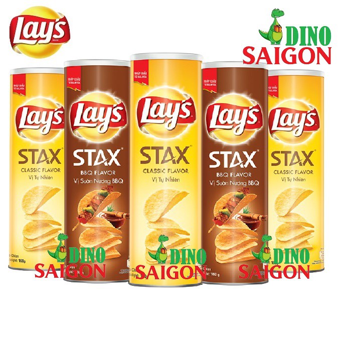 Combo 5 Hộp Bánh Snack Khoai Tây Lay's Stax Malaysia 160g gồm 3 vị Tự nhiên + 2 vị Sườn nướng BBQ