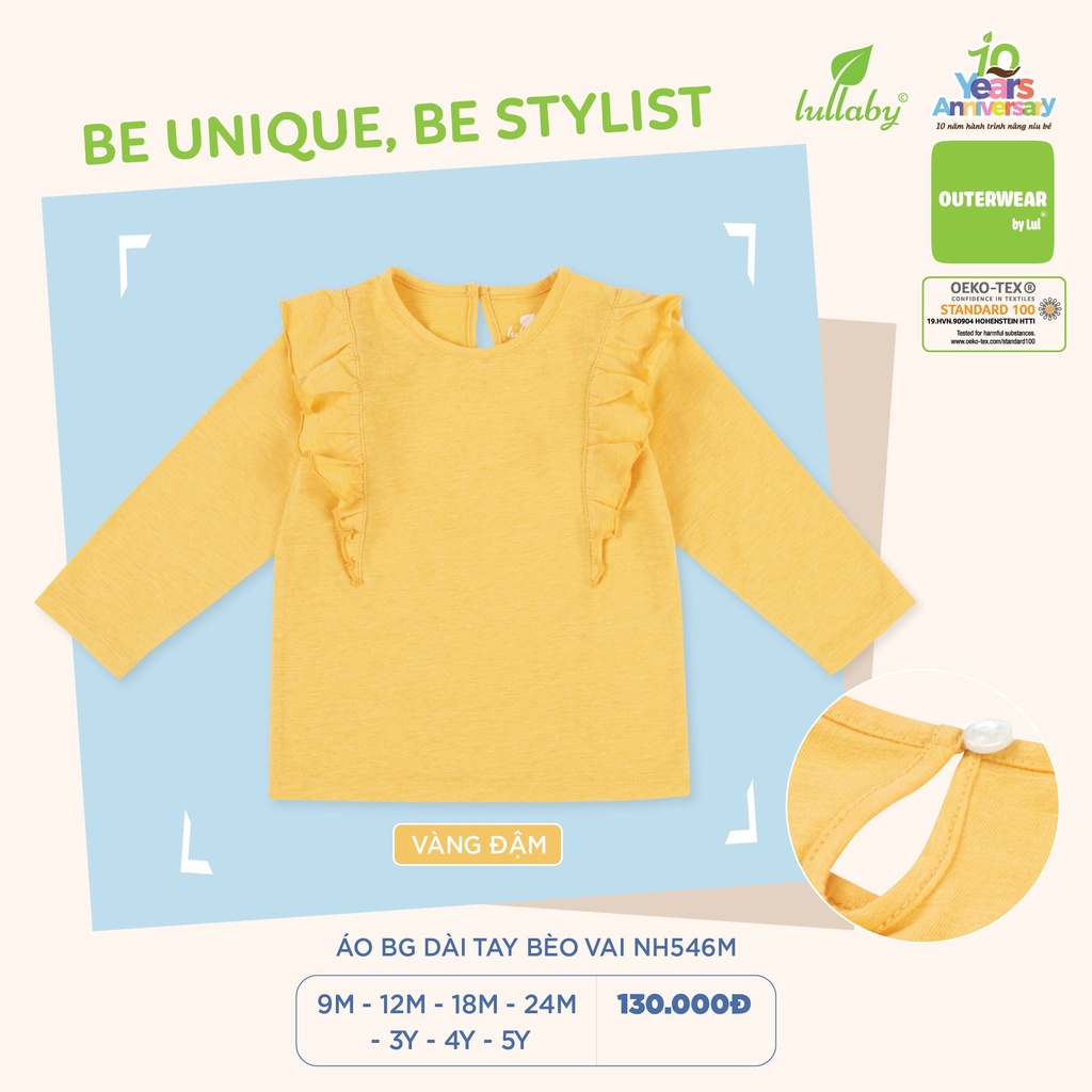 Áo dài tay bèo vai chất cotton trơn cho bé gái Lullaby NH546M
