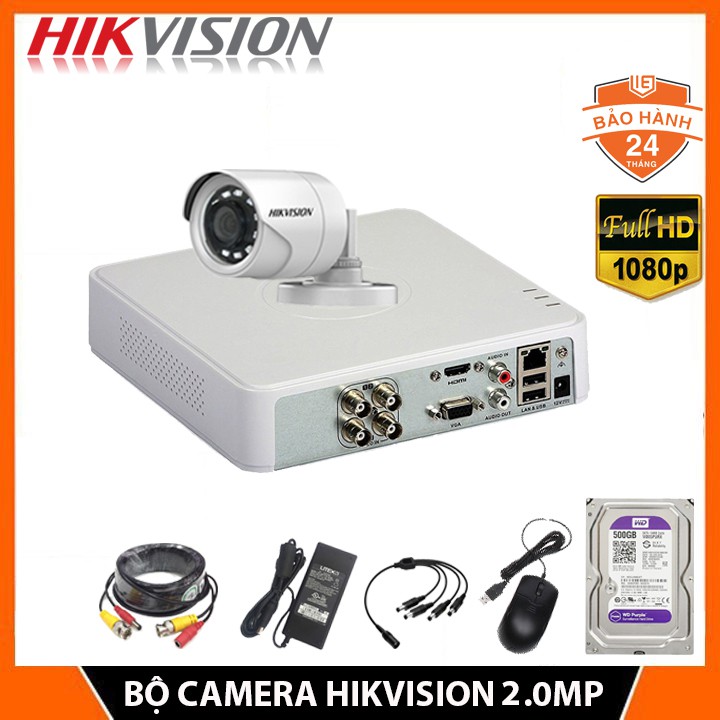 Bộ 1 Camera giám sát Kèm đầu ghi 2.0MP HIKVISION chính hãng FHD 1080P - KÈM HDD+đủ phụ kiện lắp đặt - Bảo hành 24 Tháng