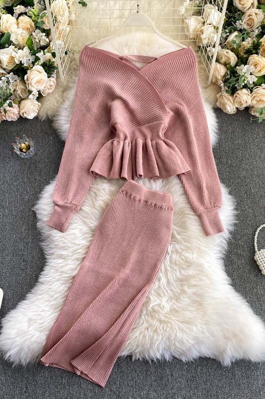 Set len dệt kim áo và chân váy áo len trễ vai gợi cảm