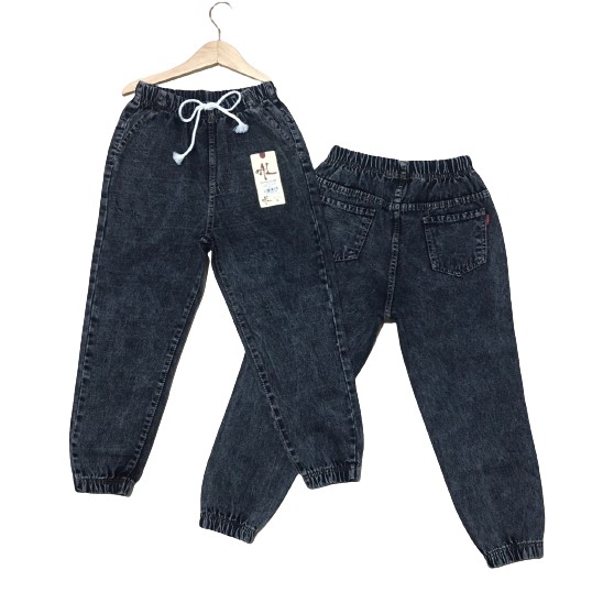 Quần baggy jean lưng thun cào xước màu đen đốm