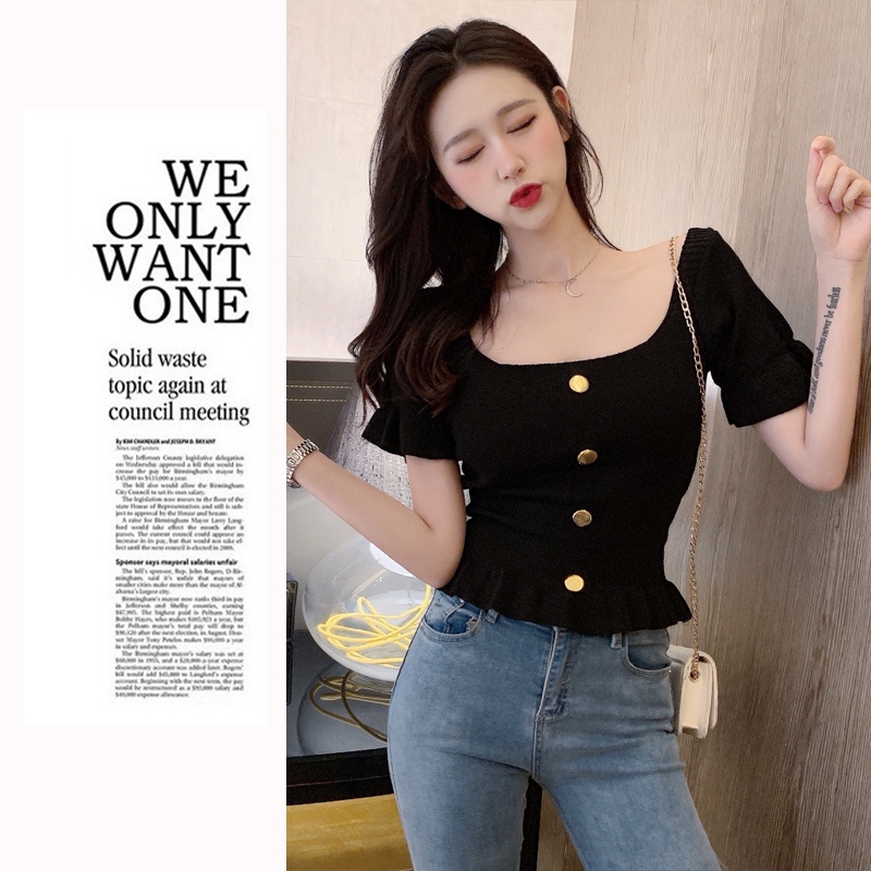 Áo Croptop Dệt Kim Cổ Vuông Tay Ngắn Có 4 Màu Thời Trang Cho Nữ