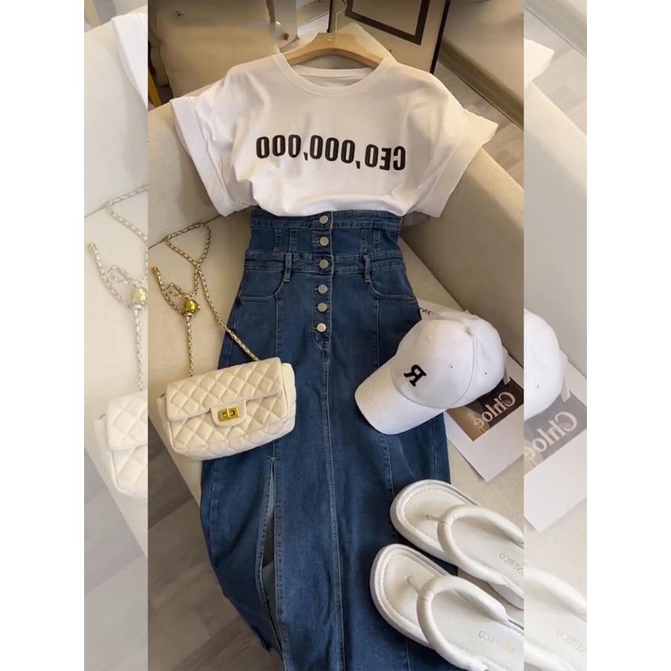 Set Áo Thun Và Đầm Denim Thời Trang Mùa Hè Phong Cách Hong Kong Cá Tính Cao Cấp Cho Nữ 2022