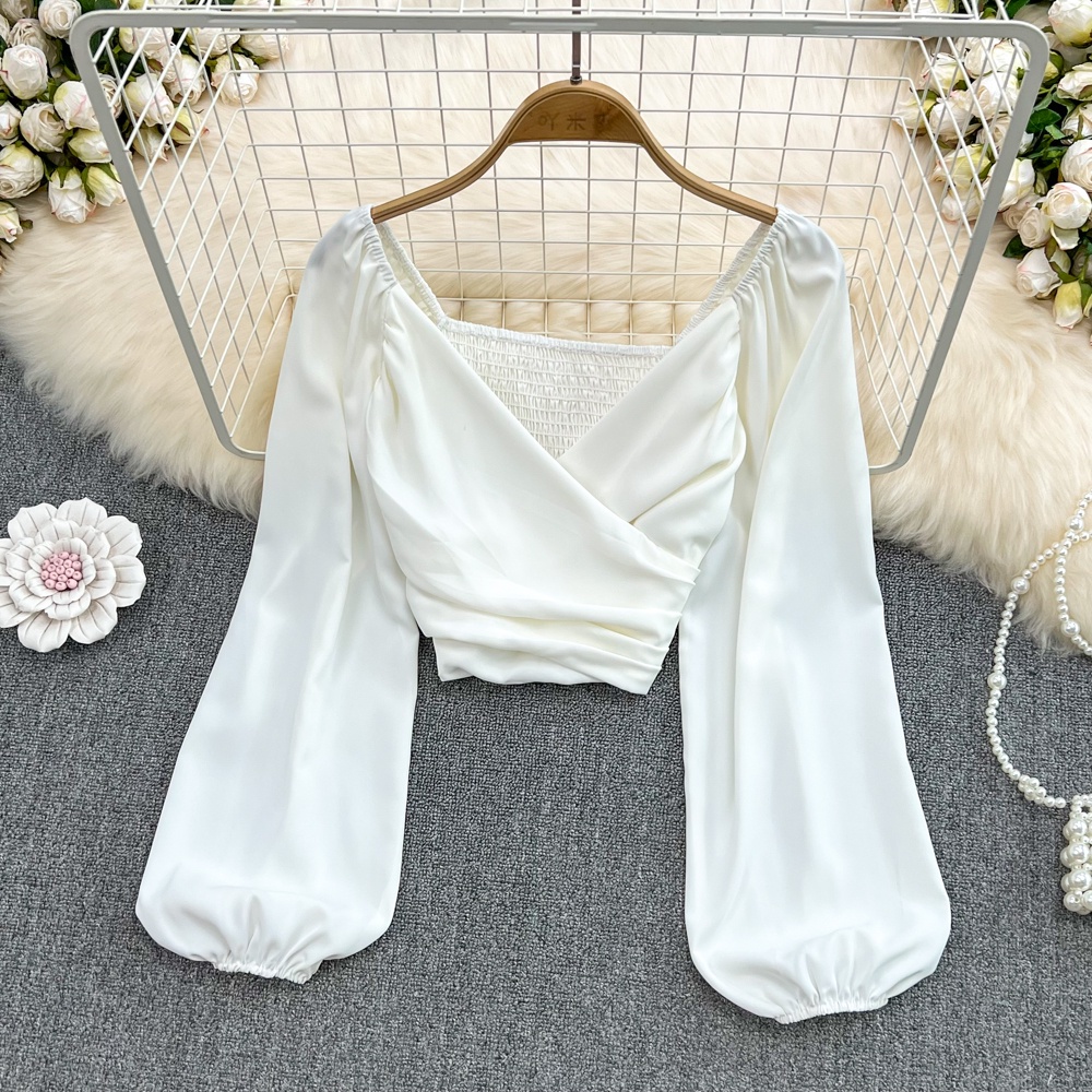Áo Croptop Tay Dài Phồng Cổ Chữ V Xếp Ly Thời Trang Cho Nữ