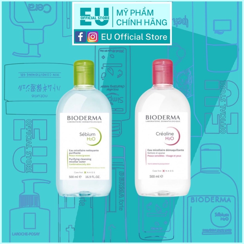 [LOẠI 500ml] Nước Tẩy Trang Bioderma Crealine/Sebium H2O 500ml Bản Mới Nhất (Hồng/Xanh)