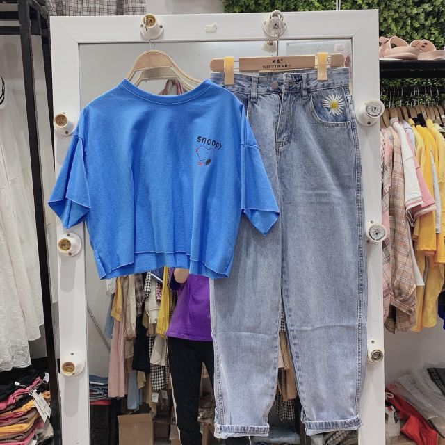 Quần baggy bò thêu hoa cúc