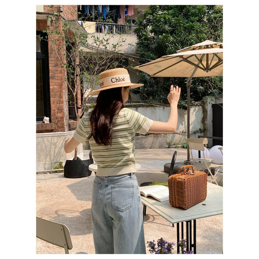 Áo Thun Dệt Kim Tay Ngắn Kẻ Sọc Ngang Phong Cách Mới Mùa Hè 62040