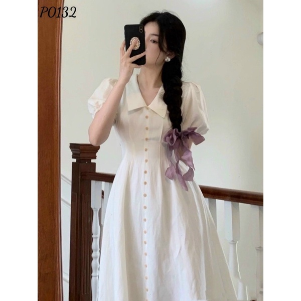 váy trắng tiểu thư sơ mi tay phồng vintage