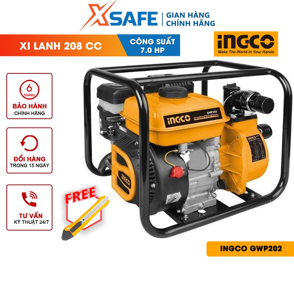Máy bơm nước dùng xăng INGCO GWP202 7.0HP, dung tích xi lanh 208cc, bình nhiên liệu 3,6L