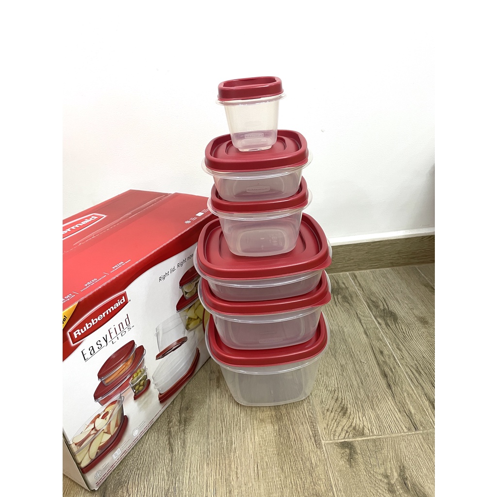 Bộ 6 hộp đựng thực phẩm RUBBERMAID CHÍNH HÃNG có nắp màu đỏ bằng nhựa nguyên sinh