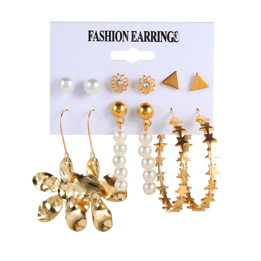 Bông tai hình học bằng kim loại đính đá zircon ngọc trai phong cách Âu Mỹ thời trang mới cho nữ