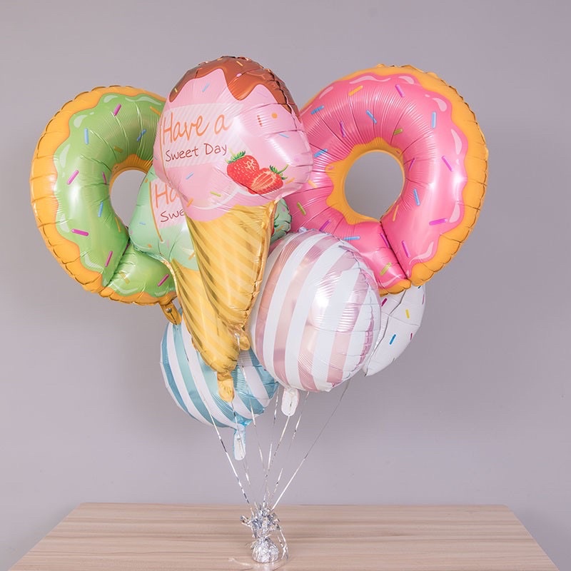 Bóng hình bánh Donut, trái cây, que kem, kẹo mút trang trí sinh nhật, trang trí tiệc