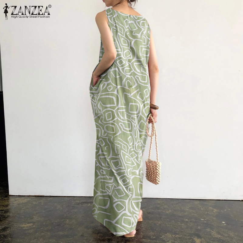 Đầm dài Zanzea không tay họa tiết hình học thời trang nữ tính