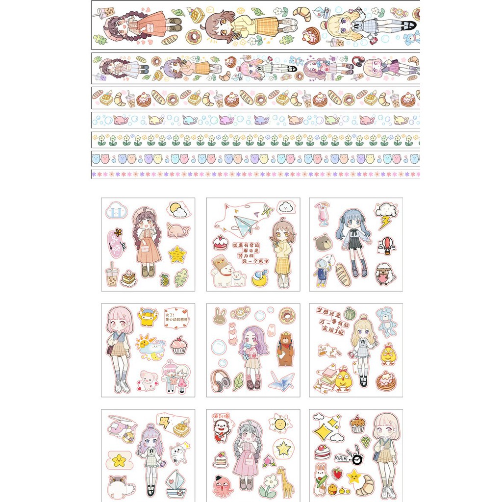 Set 7 cuộn washi tape mohamm + 9 tấm sticker trang trí sổ Bullet Journal, sổ Planner phong cách Nhật Bản