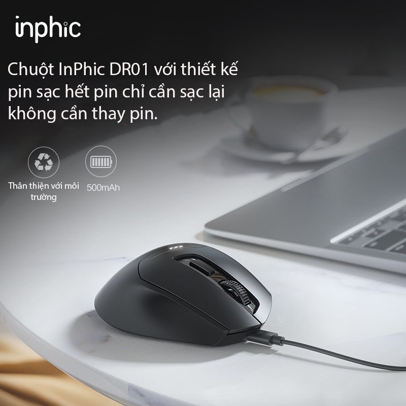 Chuột không dây INPHIC DR01 - Chuột Bluetooth Pin sạc - có đèn Led báo mức Pin - DPI lên đến 1600 - Hàng Chính Hãng