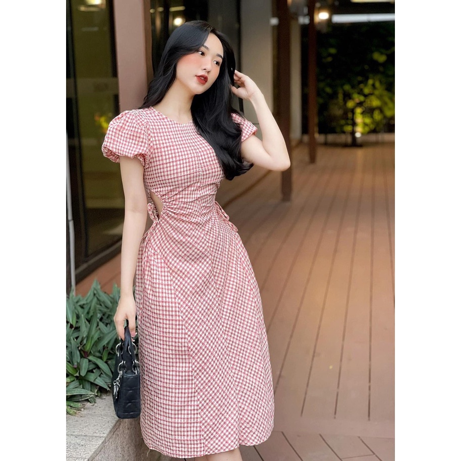 VÁY THIẾT KẾ KẺ CARO HỒNG TRẮNG RÚT EO TAY BỒNG ZARA