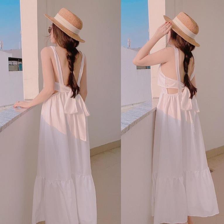 Đầm váy nữ maxi trắng đi biển du lịch, Đầm maxi xoè nơ dáng dài mút ngực