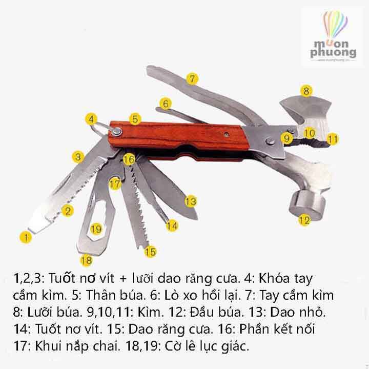 Búa rìu đa năng gọn nhẹ bằng thép 2CR13 không rỉ tay cầm gỗ thiết kế 2 đầu rìu và búa kết hợp thêm nhiều tính năng