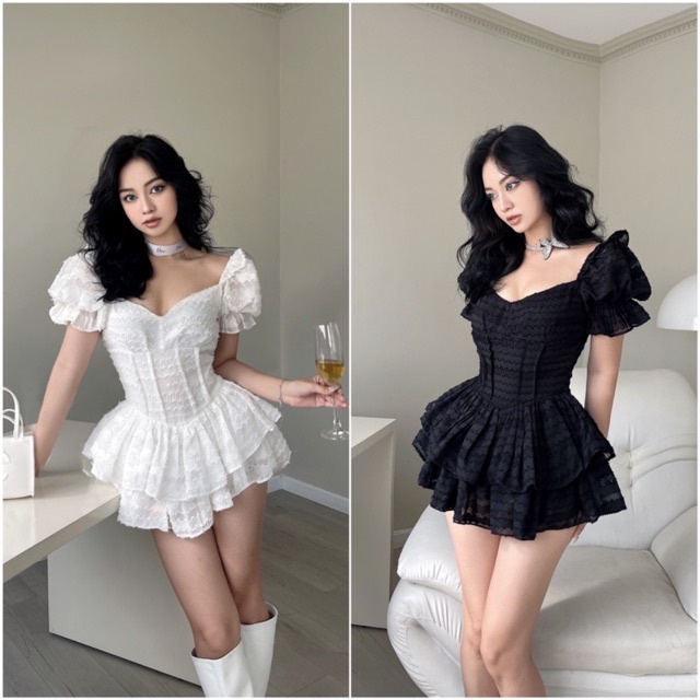 Đầm Xoè 2 Tầng Tay Phồng Công Chúa Trắng Đen - Amelie