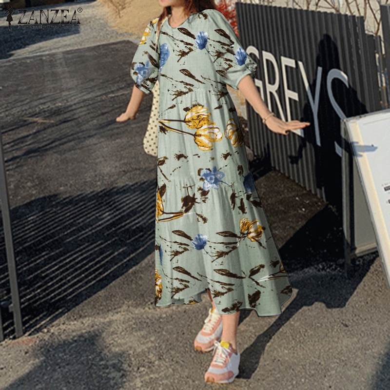Đầm dáng dài ZANZEA cổ tròn tay lửng thời trang thường ngày cho nữ