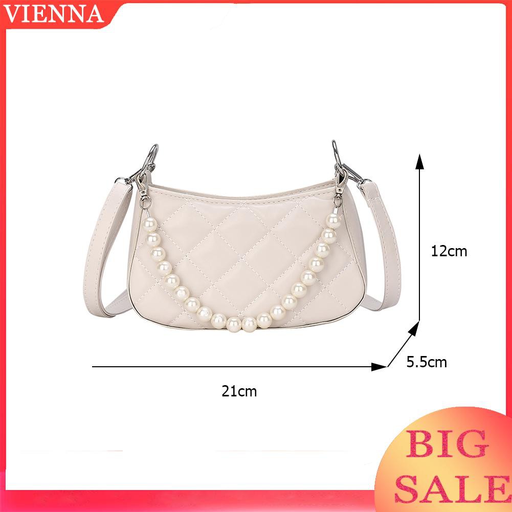 Retro Women PU Lattice Pattern Messenger Bag Pearl Pure Color Small Handbag