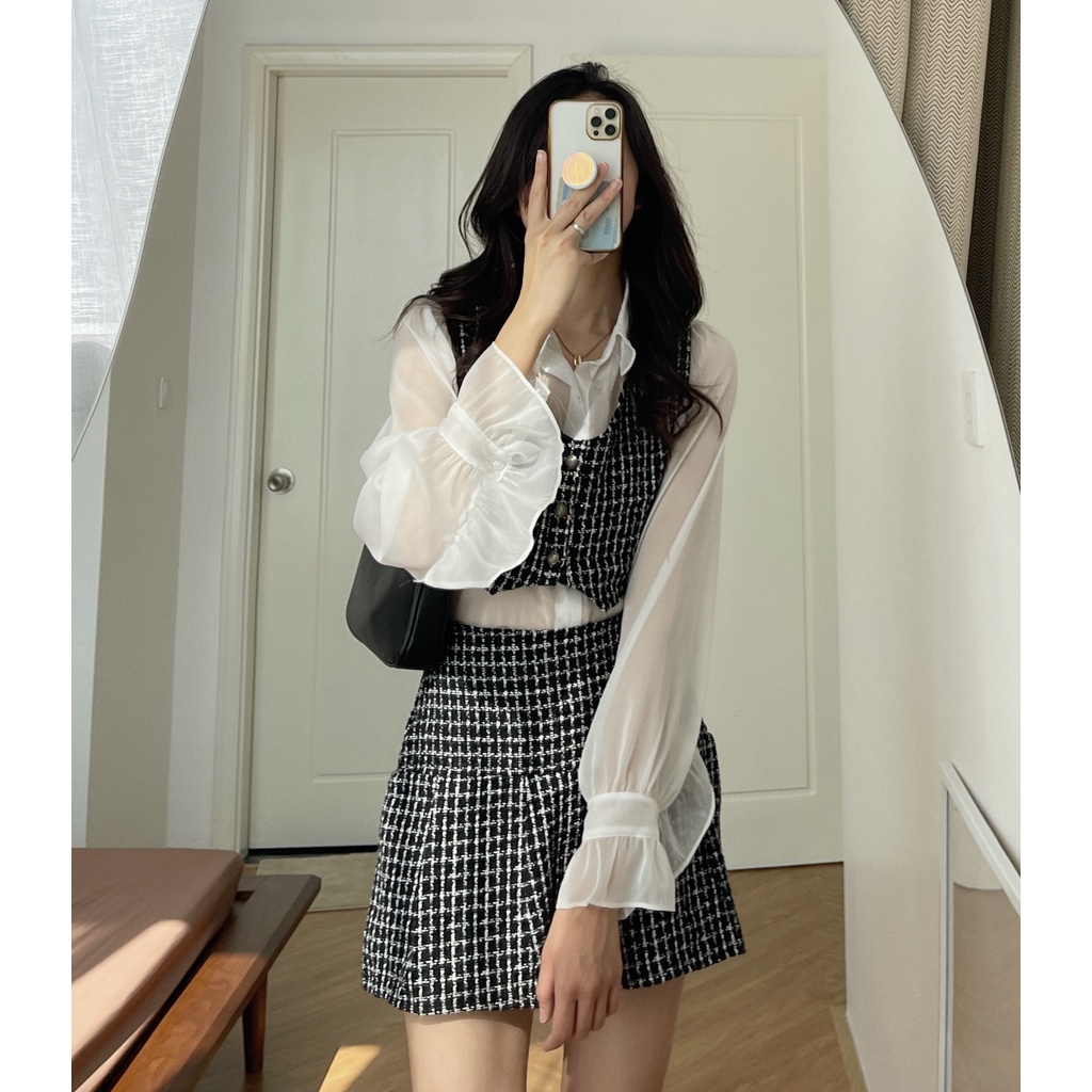 (ảnh thật) Audrey Set dạ kẻ 3 món 885